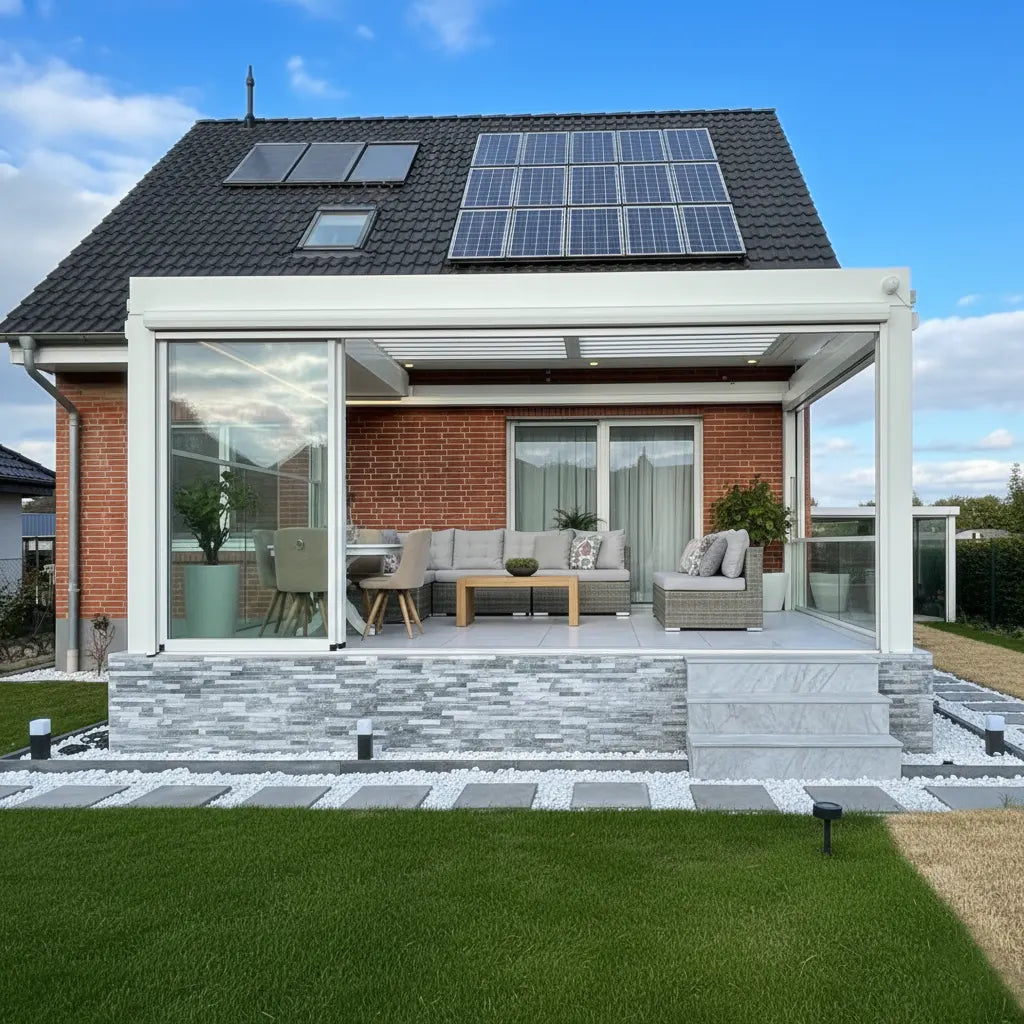 Bioklimatische Pergola mit einziehbaren Paneeloptionen - Detailansicht | Hochwertige Aluminium-Pergola für Garten und Terrasse
