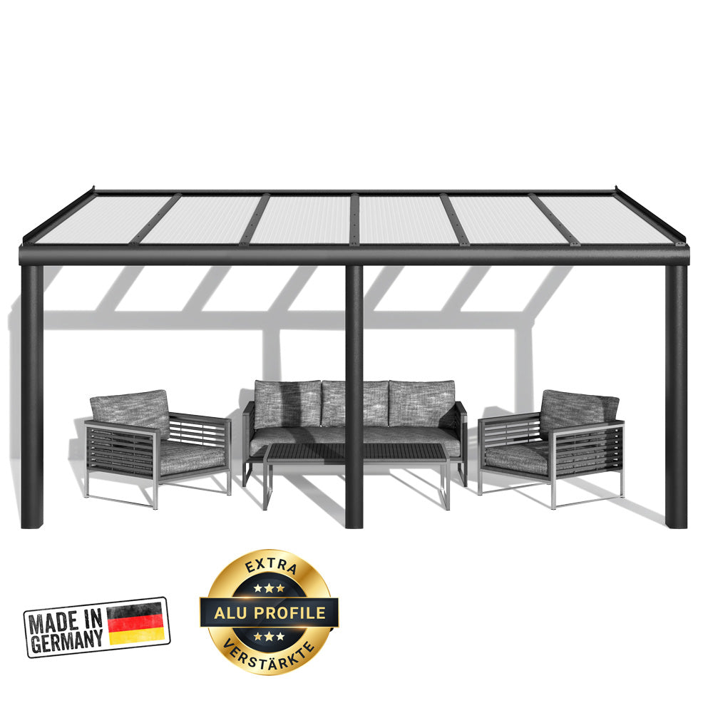 Premium Anthrazit Terrassenüberdachung Alu NOBELline mit Stegplatten 16mm opal/weiß - Bild 1