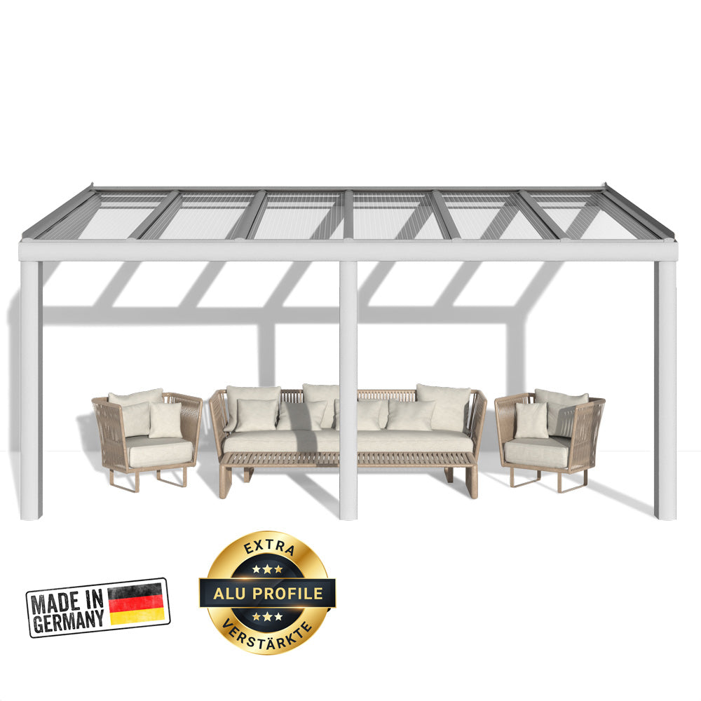 Premium Weiß Terrassenüberdachung Alu NOBELline mit Stegplatten 16mm klar/farblos - Bild 1