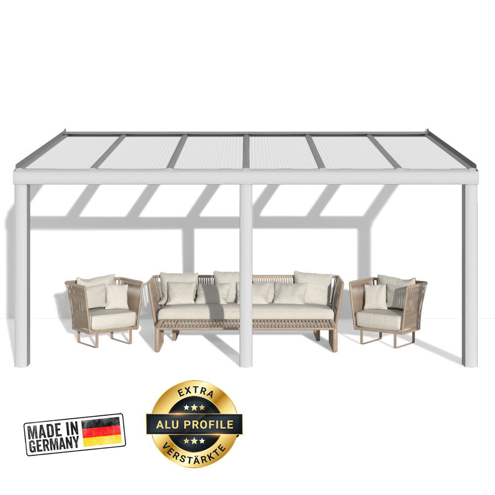 Premium Weiß Terrassenüberdachung Alu NOBELline mit Stegplatten 16mm opal/weiß - Bild 1