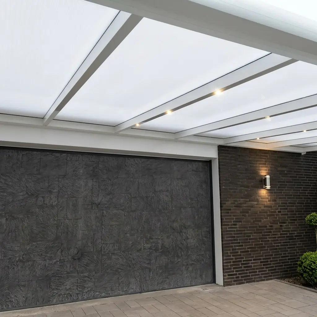 Weiße Terrassenüberdachung aus Aluminium mit 16mm Stegplatten in Opal und Weiß, Schutz und Schatten für den Außenbereich