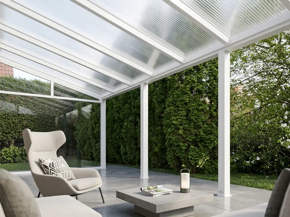 Weiße Terrassenüberdachung aus Aluminium mit 16mm Stegplatten in Opal und Weiß, bietet Schutz und stilvolles Design
